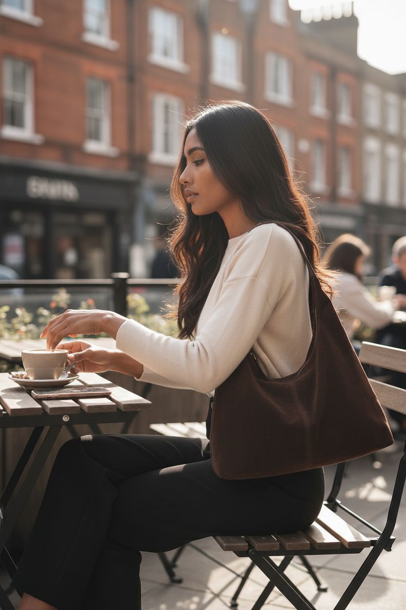 Trendy suede crescent shoulder bag by Jusavie showcased in a café setting, perfect for daily use.