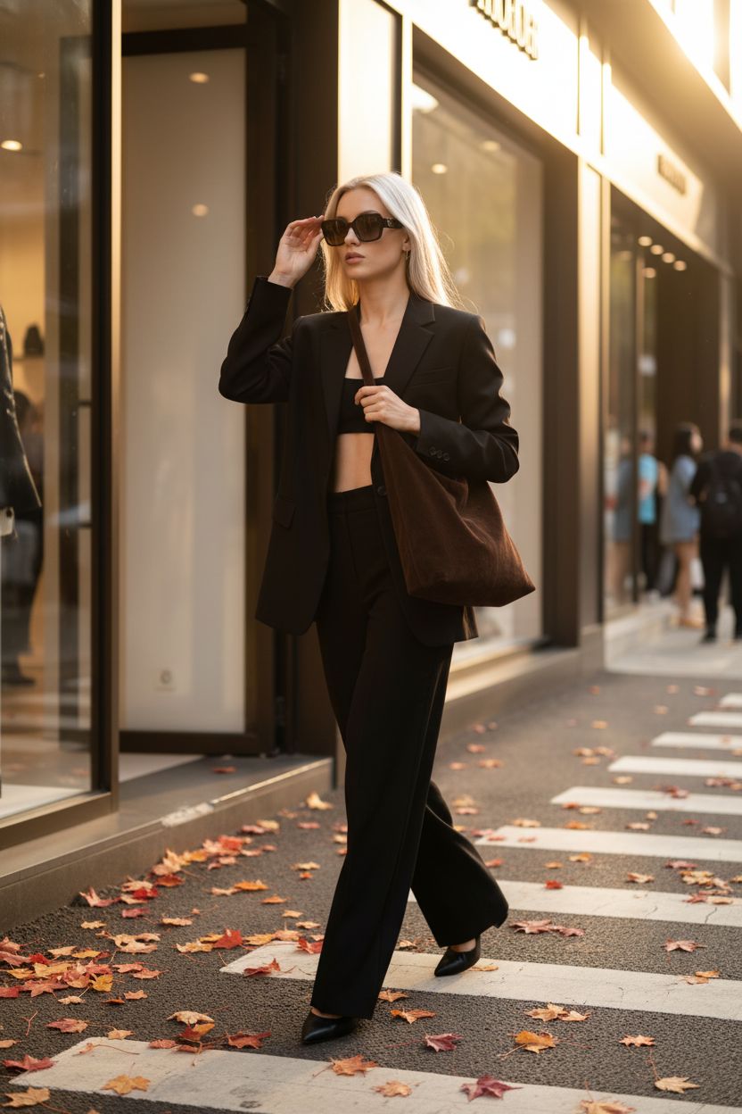 Dark chocolate suede crescent bag by Jusavie highlighted against a boutique backdrop, ideal for fashion-forward outings.