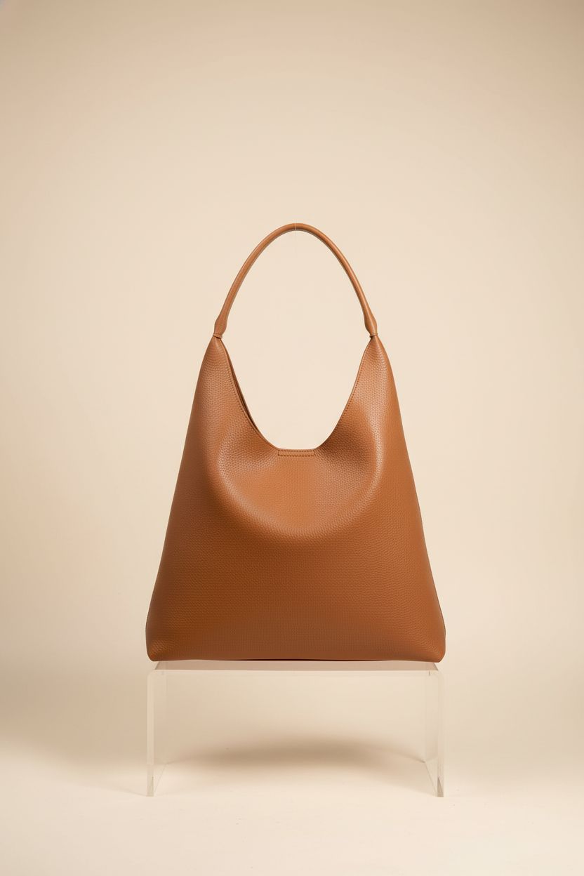 HOXIS orange-brown hobo bag on a studio backdrop, highlighting its soft vegan leather and elegant design.
