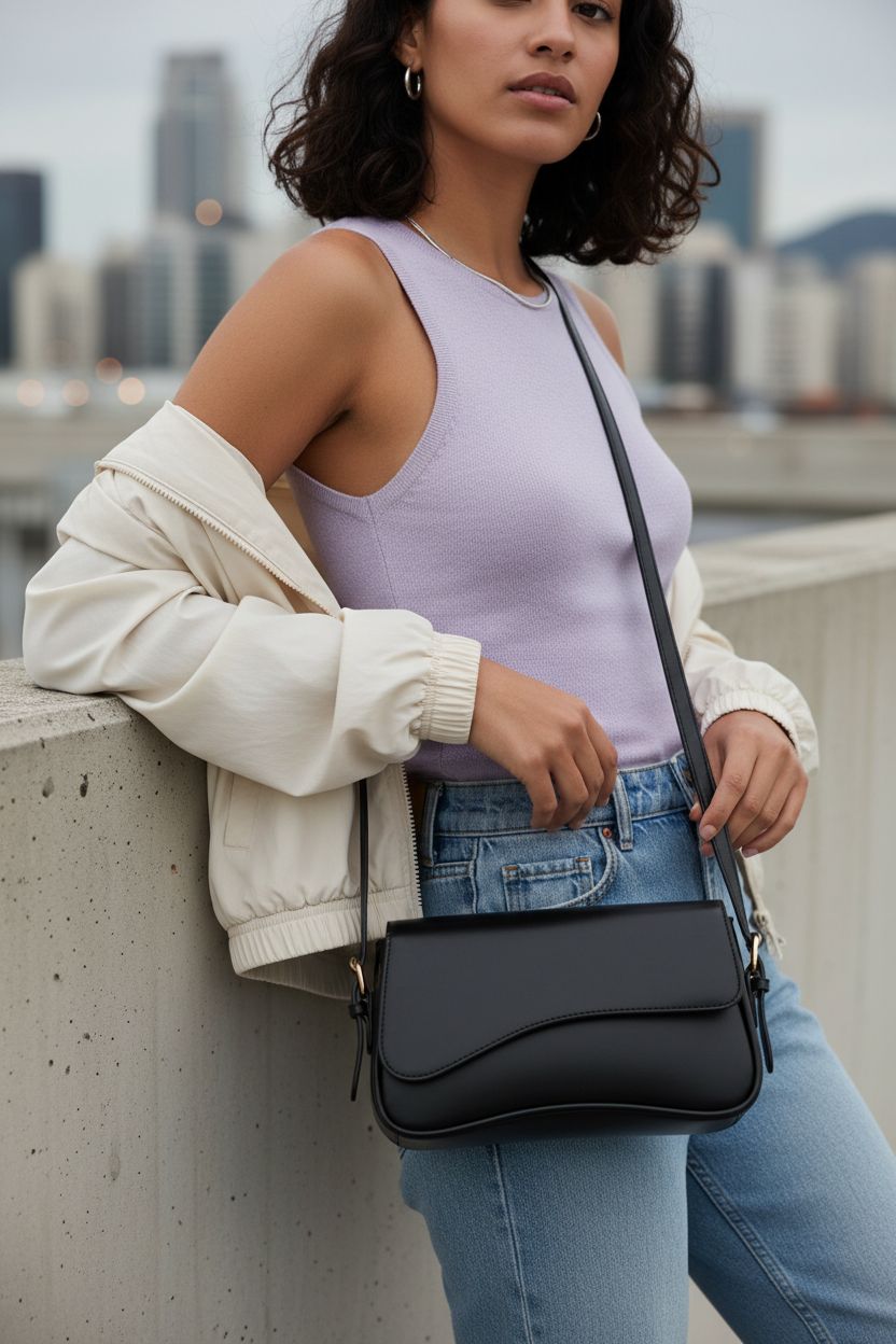 Amszke Y2K trendy shoulder bag in vegan leather showcased while being carried, highlighting its stylish design.