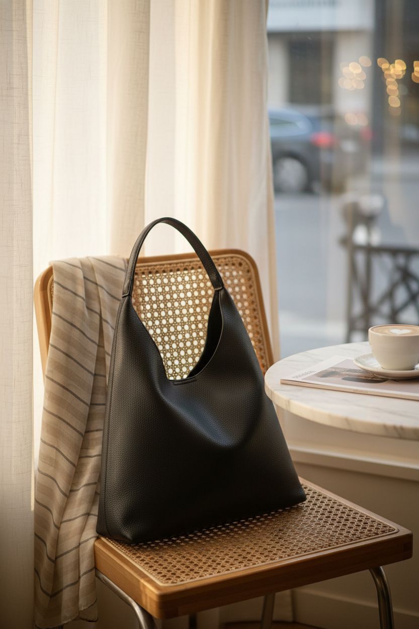 Elegant black hobo bag resting on a café table creating a cozy atmosphere by HOXIS.