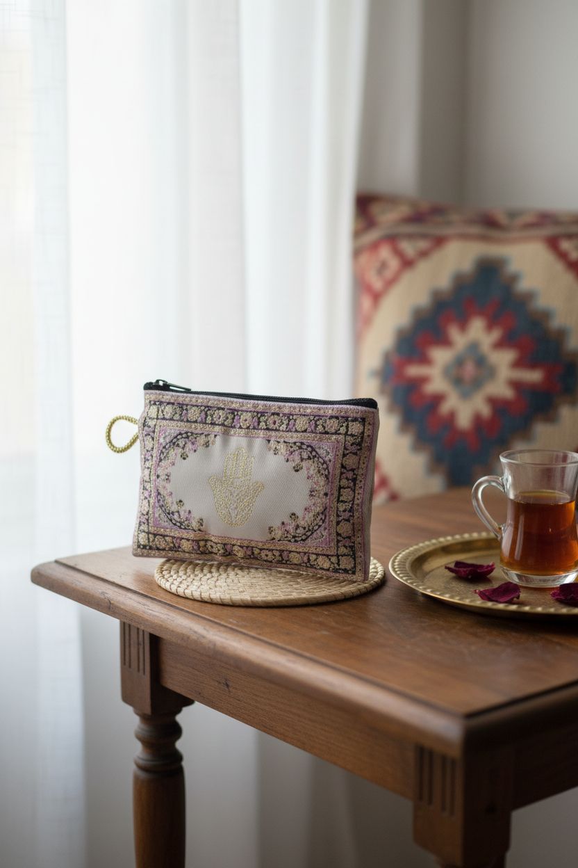 Turkish Fabric Wallet with Zipper by BDM on an antique table, with tea glass and rose petals, showcasing elegance.