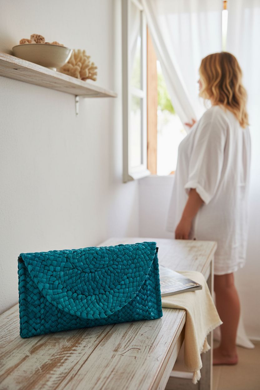 KUANG! turquoise clutch on a sunlit console in a breezy beach bungalow with seashells.