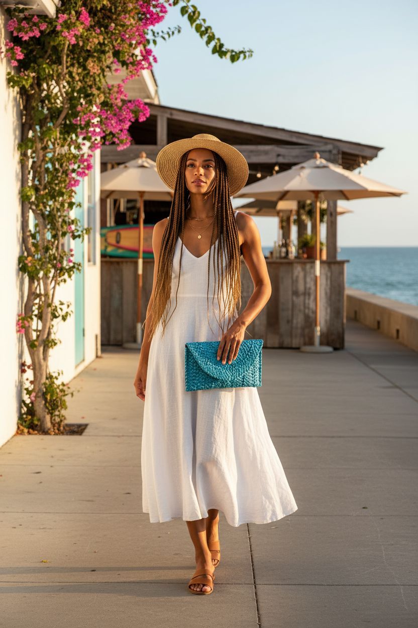 KUANG! turquoise straw envelope clutch against a white linen dress on a sunny seaside promenade.