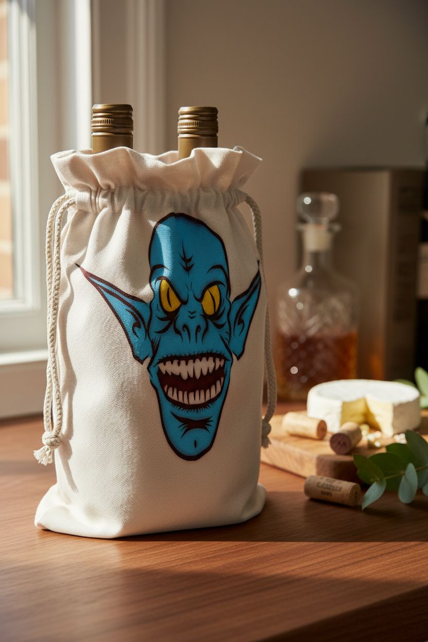 Ugly Devil wine bag by 3dRose resting on a bar top, surrounded by cheese and decor, enhancing your wine experience.