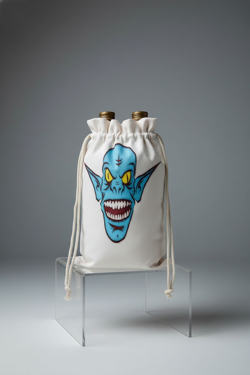 Product-focused shot of 3dRose's Evil wine bag on a minimal setup, highlighting its unique drawstring design and logo.