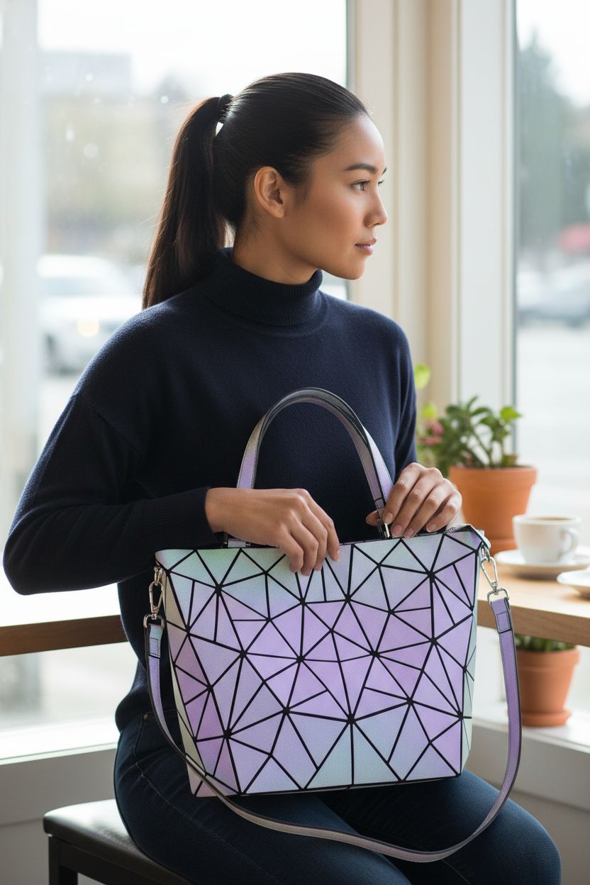 LOVEVOOK geometric luminous purse resting on lap in a sunlit café setting