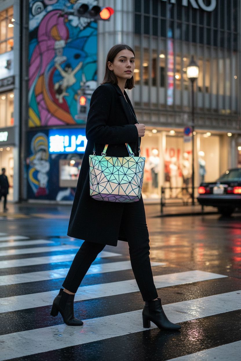 LOVEVOOK holographic reflective crossbody bag illuminated by urban lights