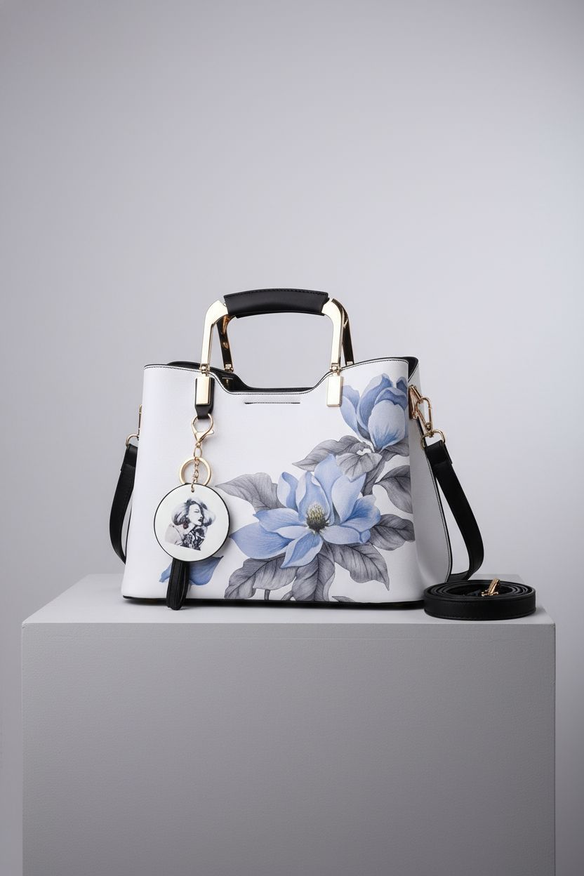 Nevenka satchel handbag positioned against a light backdrop, emphasizing its floral design and high-quality craftsmanship.