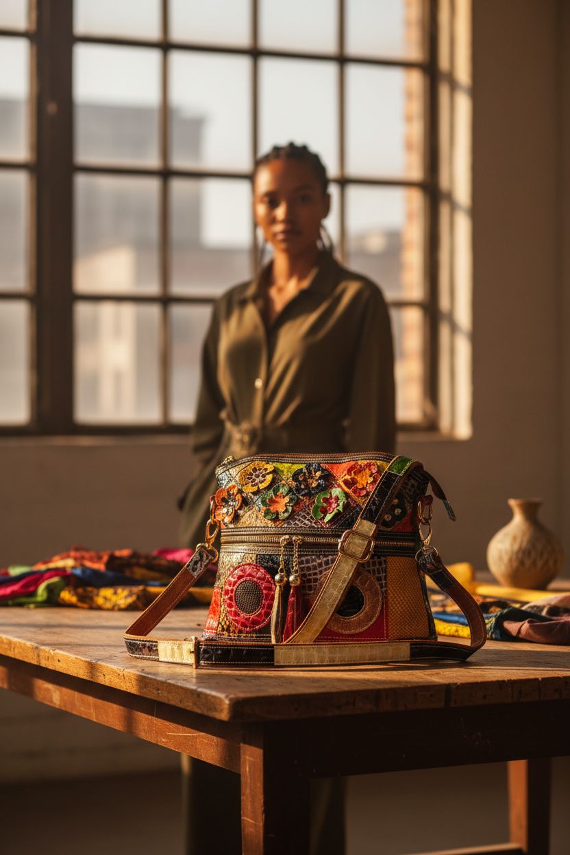 Segater floral handbag displayed in an artist's studio, highlighting the unique textures and colors.
