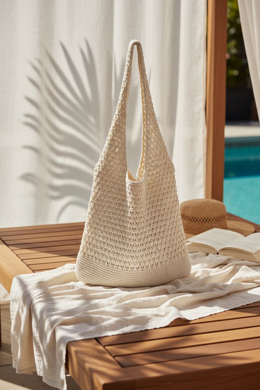 Beige hatisan crochet bag on a teak lounger at a boutique hotel, capturing a relaxed vibe.
