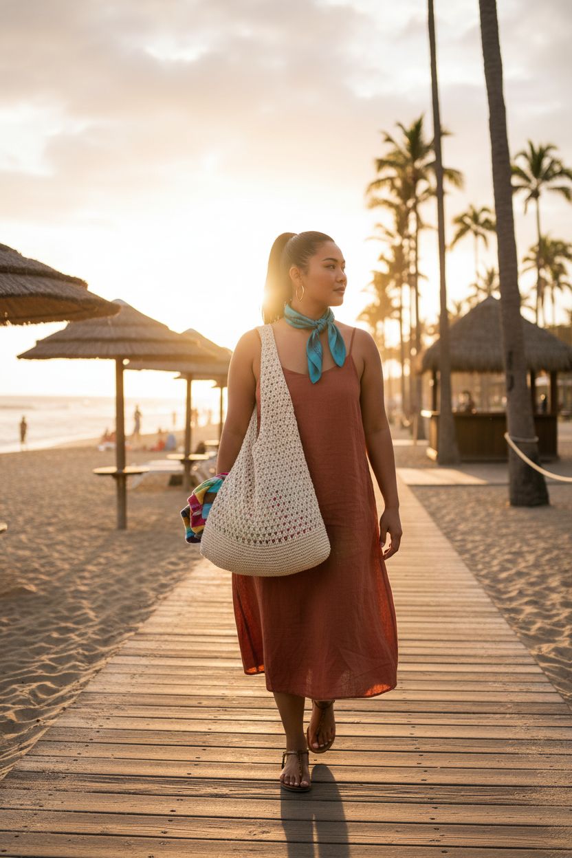 Beige hatisan crochet bag swinging at the beach boardwalk, perfect for summer adventures.