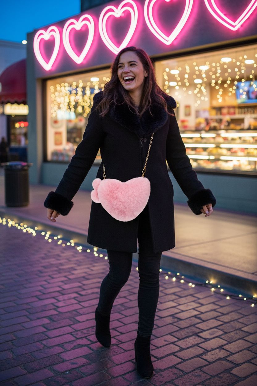 Saintrygo pink heart-shaped purse worn crossbody, glowing against a twinkle-lit street, perfect for Valentine's outings.