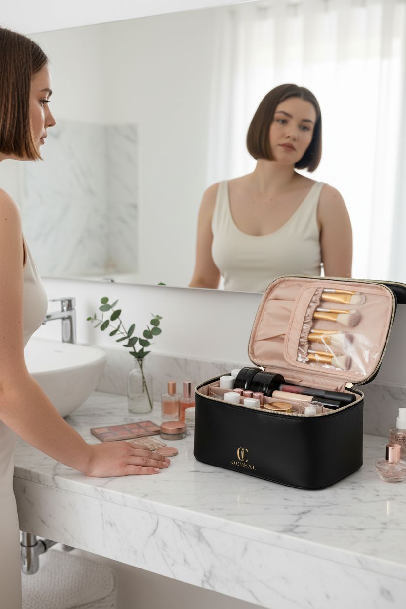OCHEAL vanity bag open beside a ceramic sink, reflecting a calm morning with cosmetics and eucalyptus.