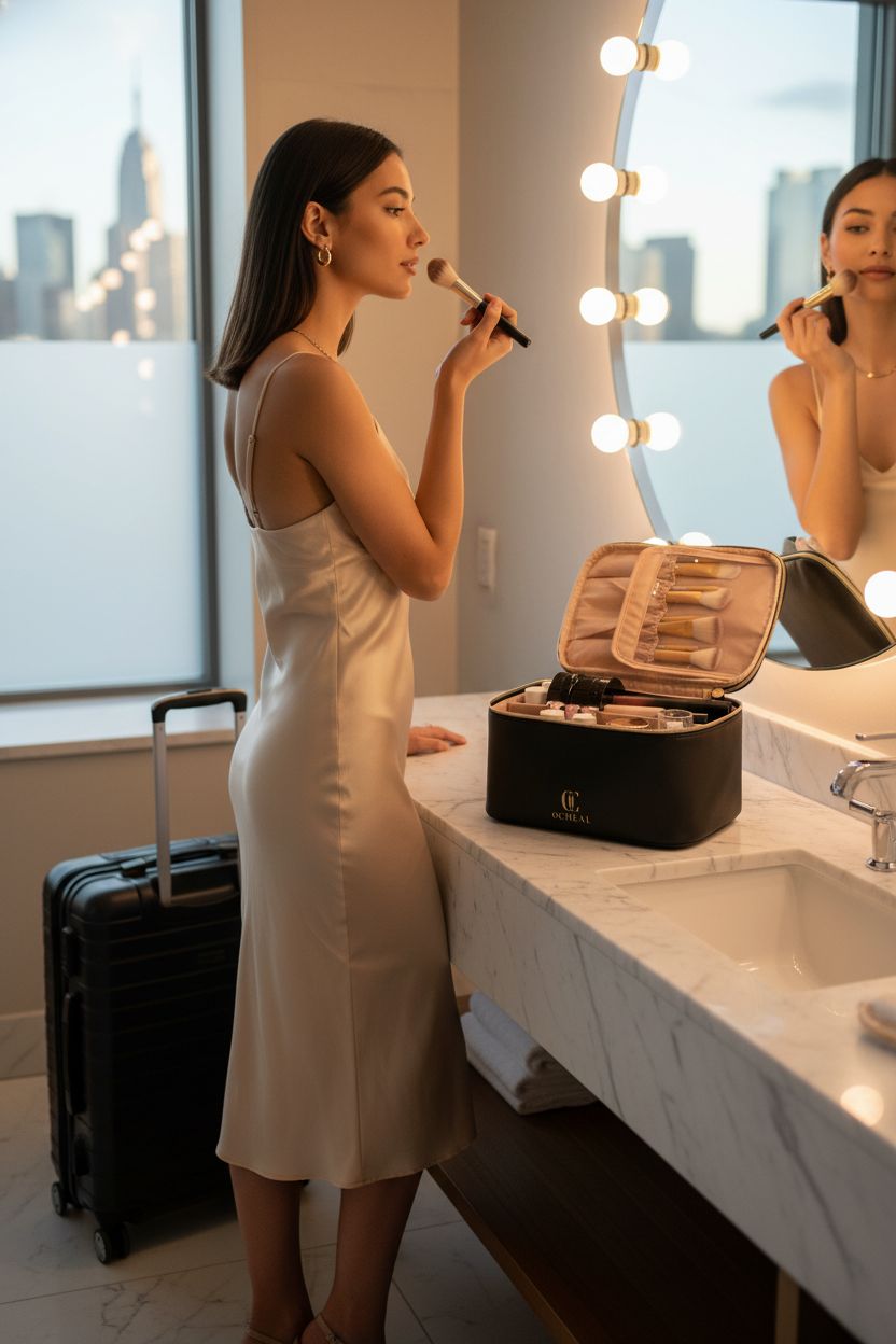 Open OCHEAL makeup bag on a marble vanity in a chic hotel bathroom, showing dividers and handle.