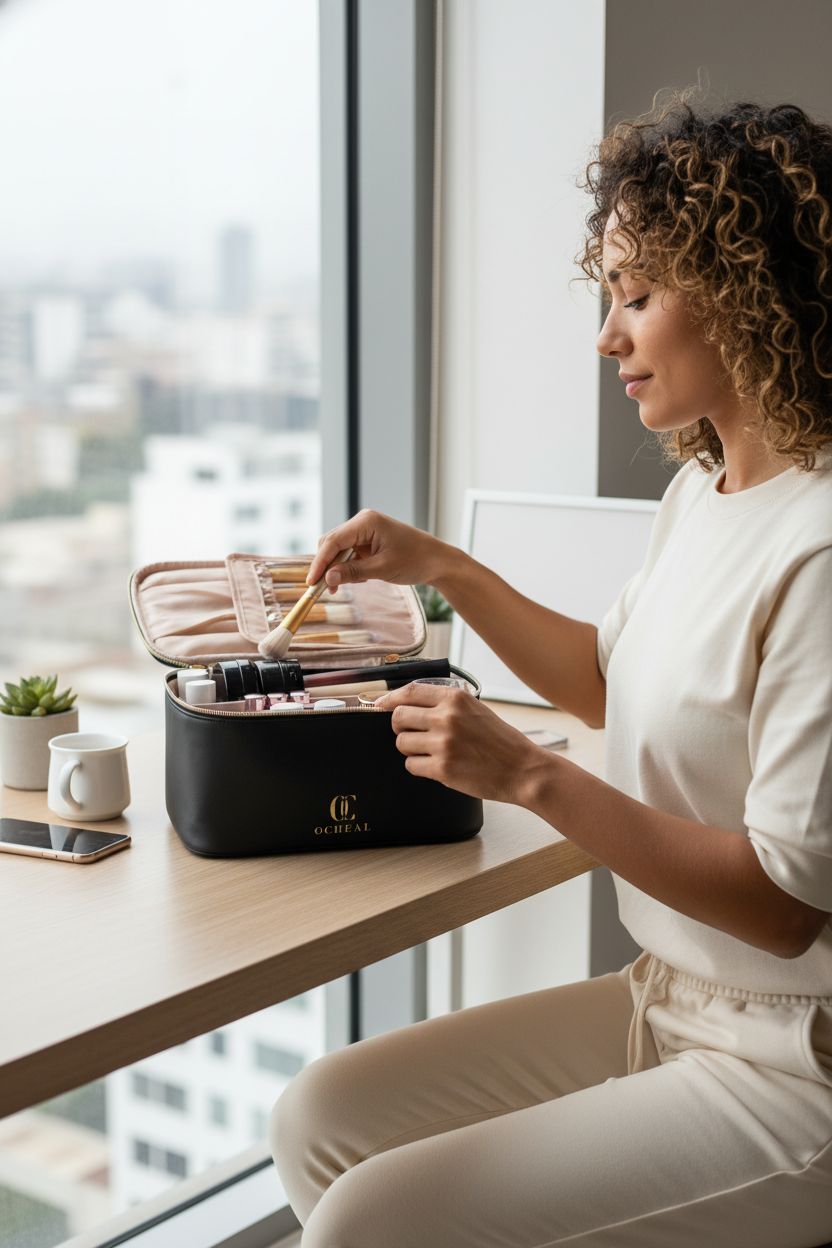 Zipping OCHEAL cosmetic bag on a light wood desk, showcasing its sleek black exterior and blush lining.