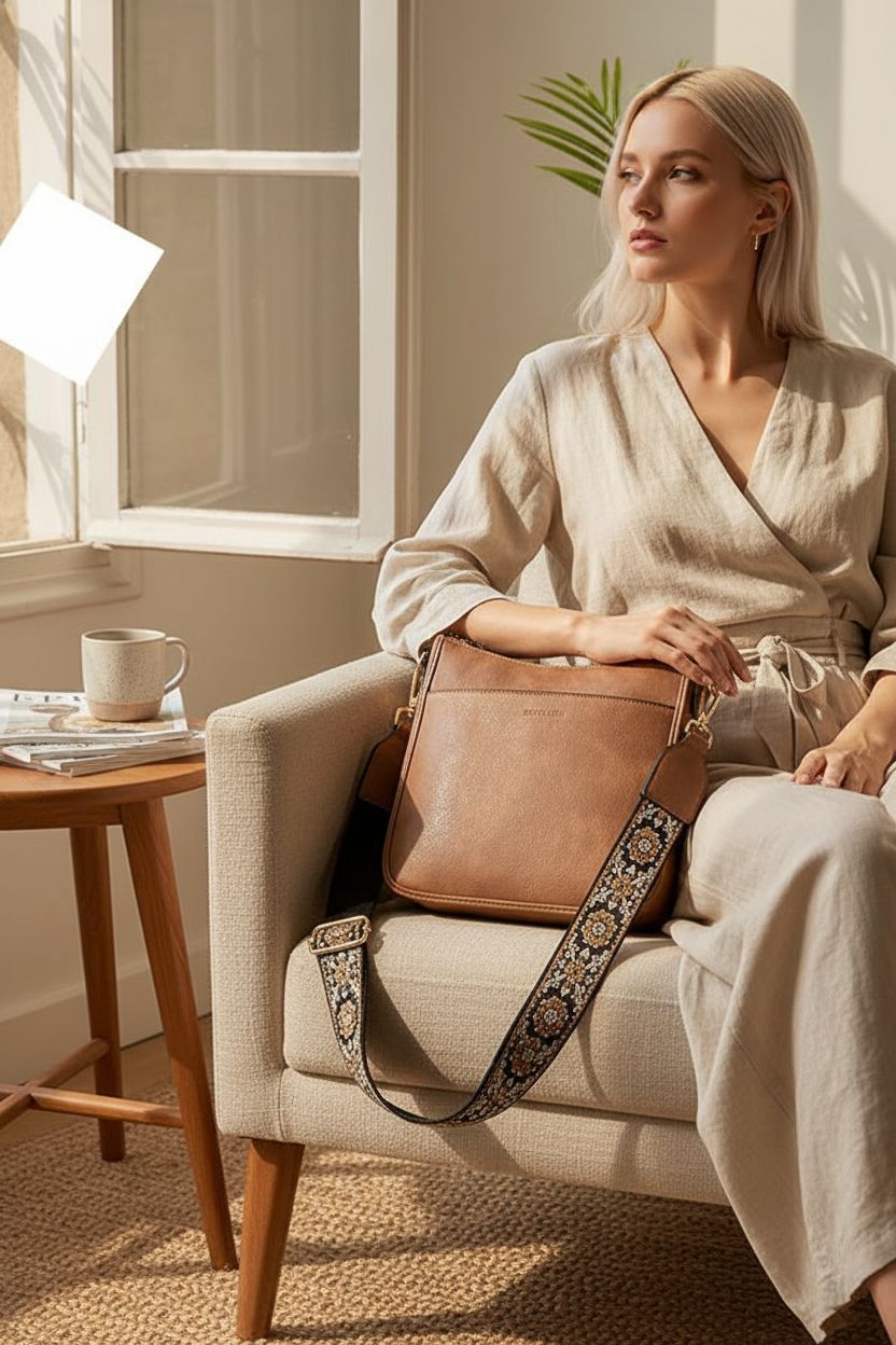 BOSTANTEN vegan crossbody bag on a linen chair in a sunlit apartment