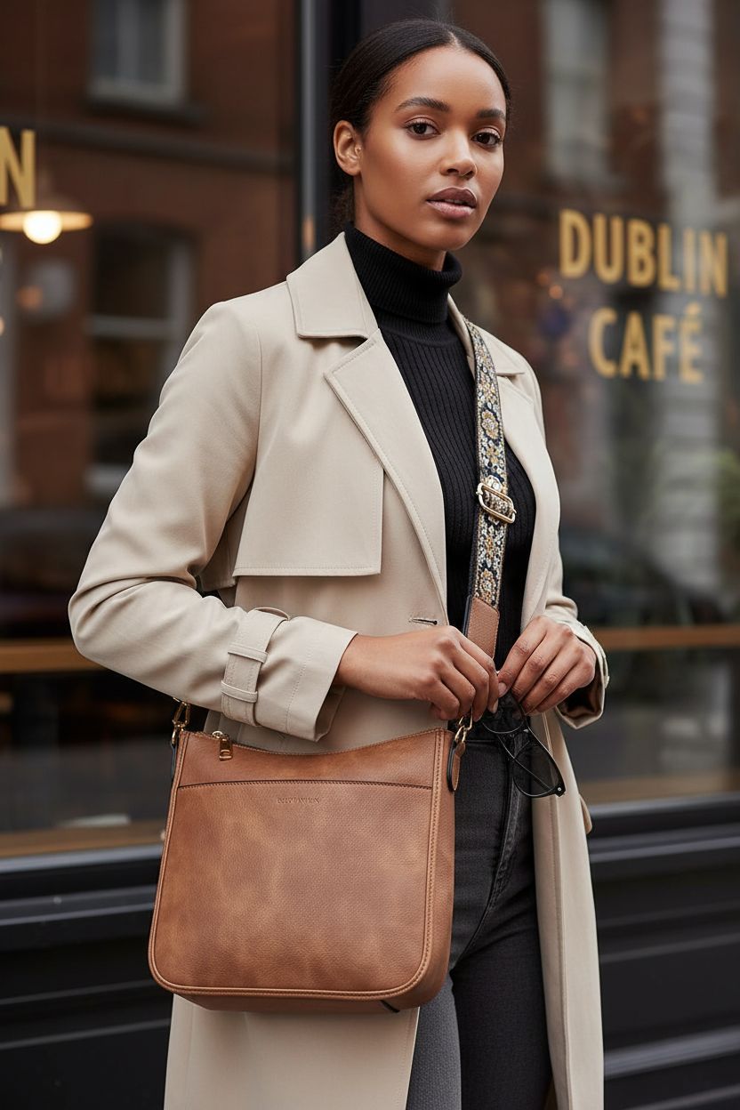 BOSTANTEN vegan leather crossbody bag with wide strap by a café doorway