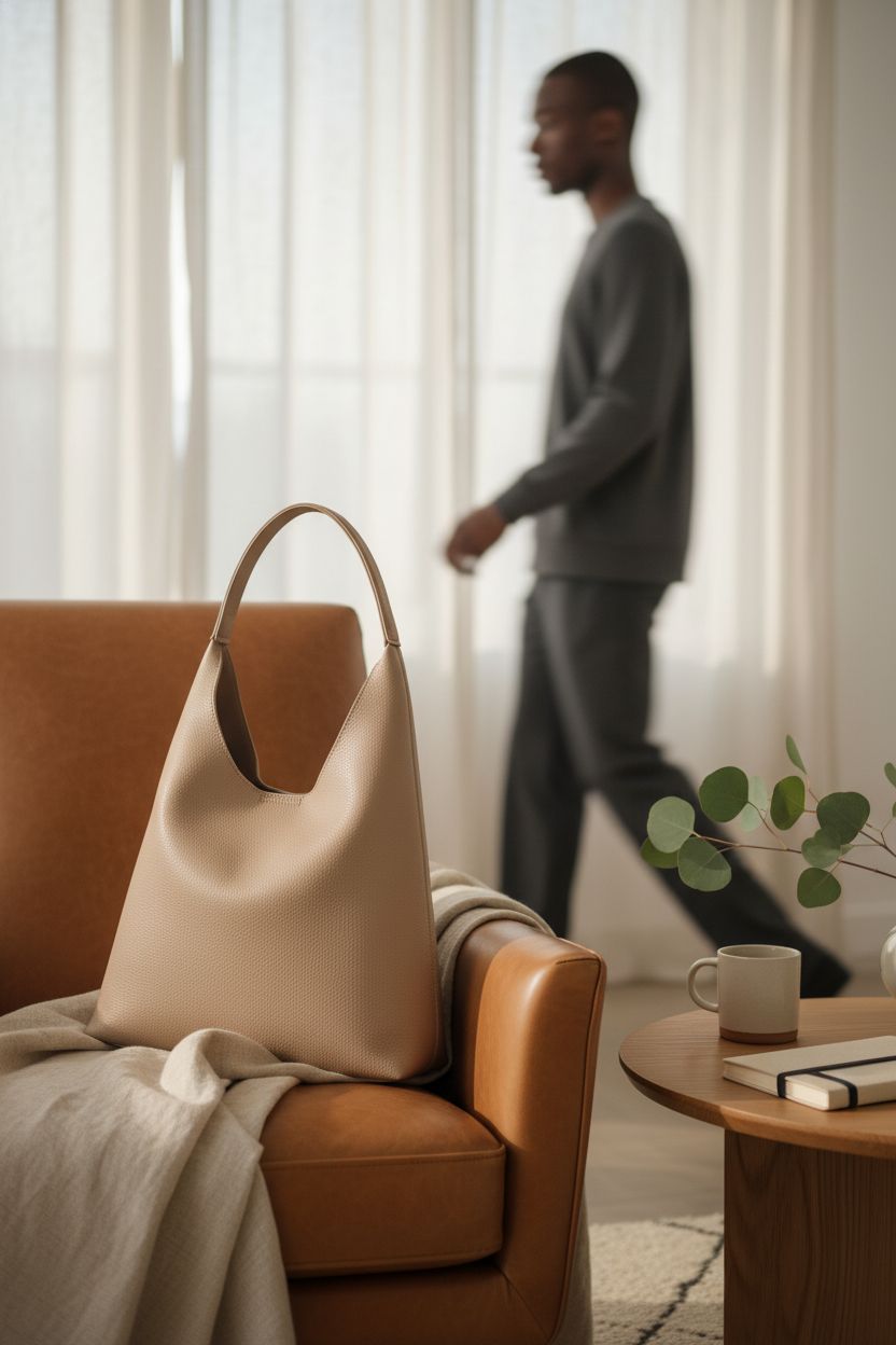 Nude HOXIS hobo bag resting on a leather chair in a serene living room, reflecting modern vegan design.