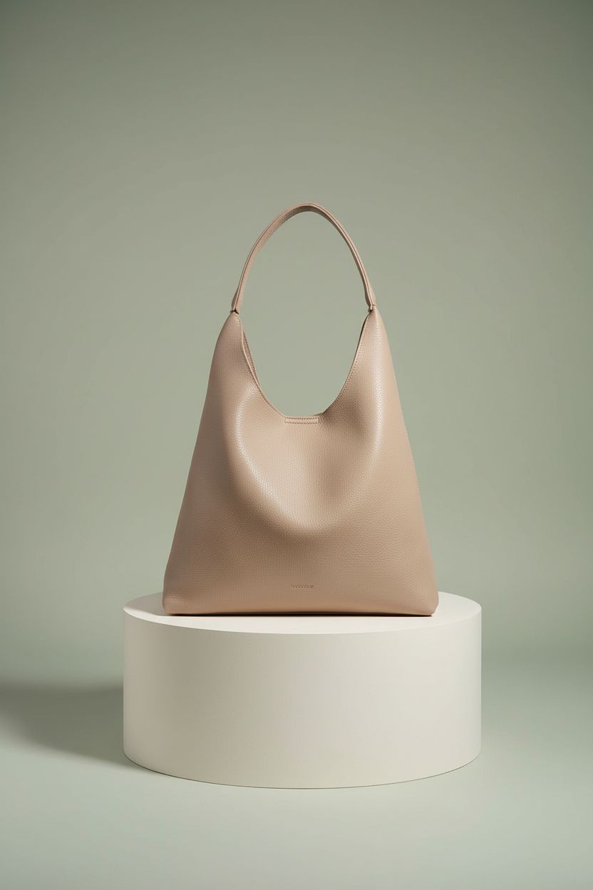 Close-up of nude HOXIS hobo bag on a studio pedestal, showcasing its soft vegan leather and sleek design.