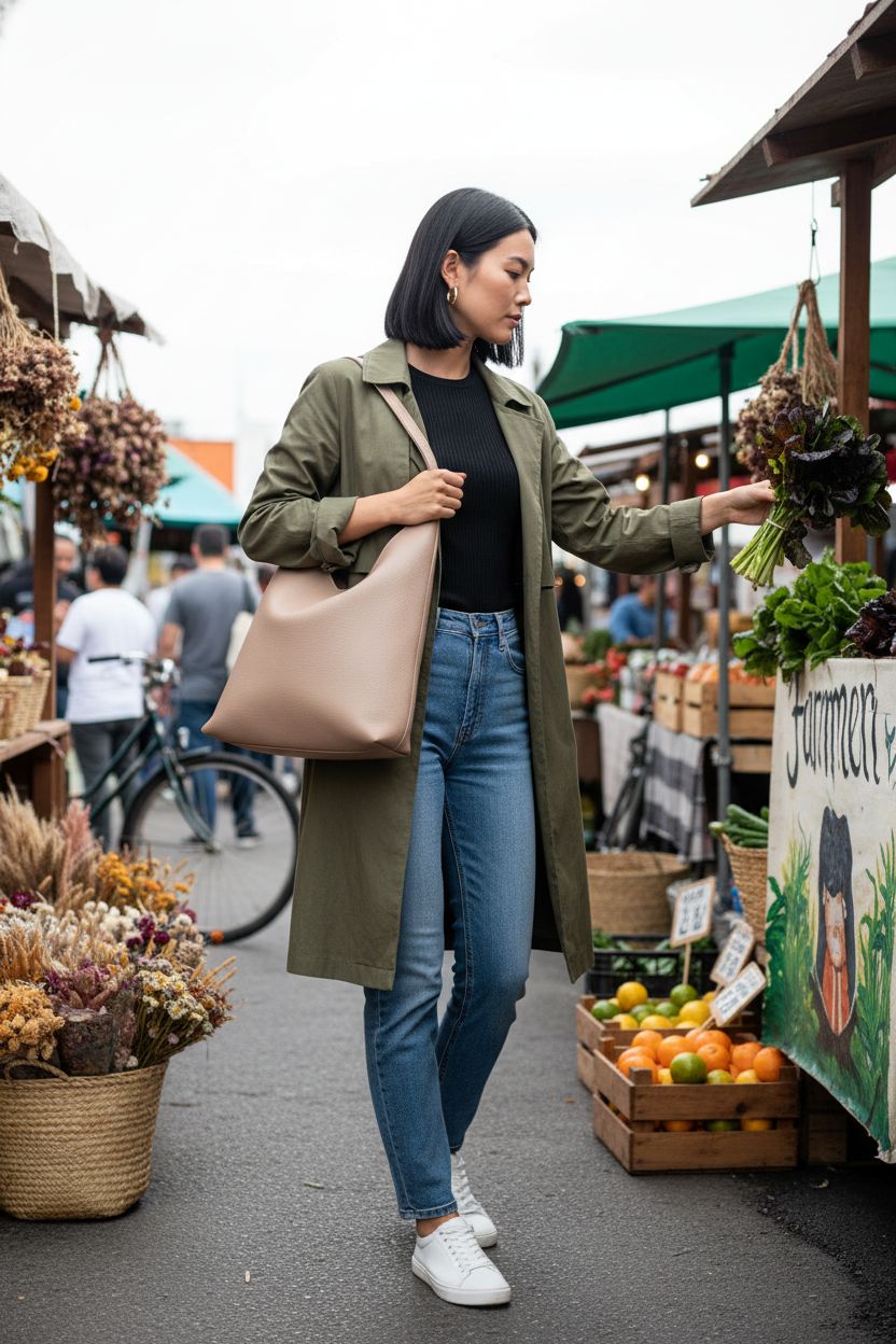 Nude HOXIS hobo bag draped on shoulder at a vibrant farmers' market, showcasing soft vegan leather style.