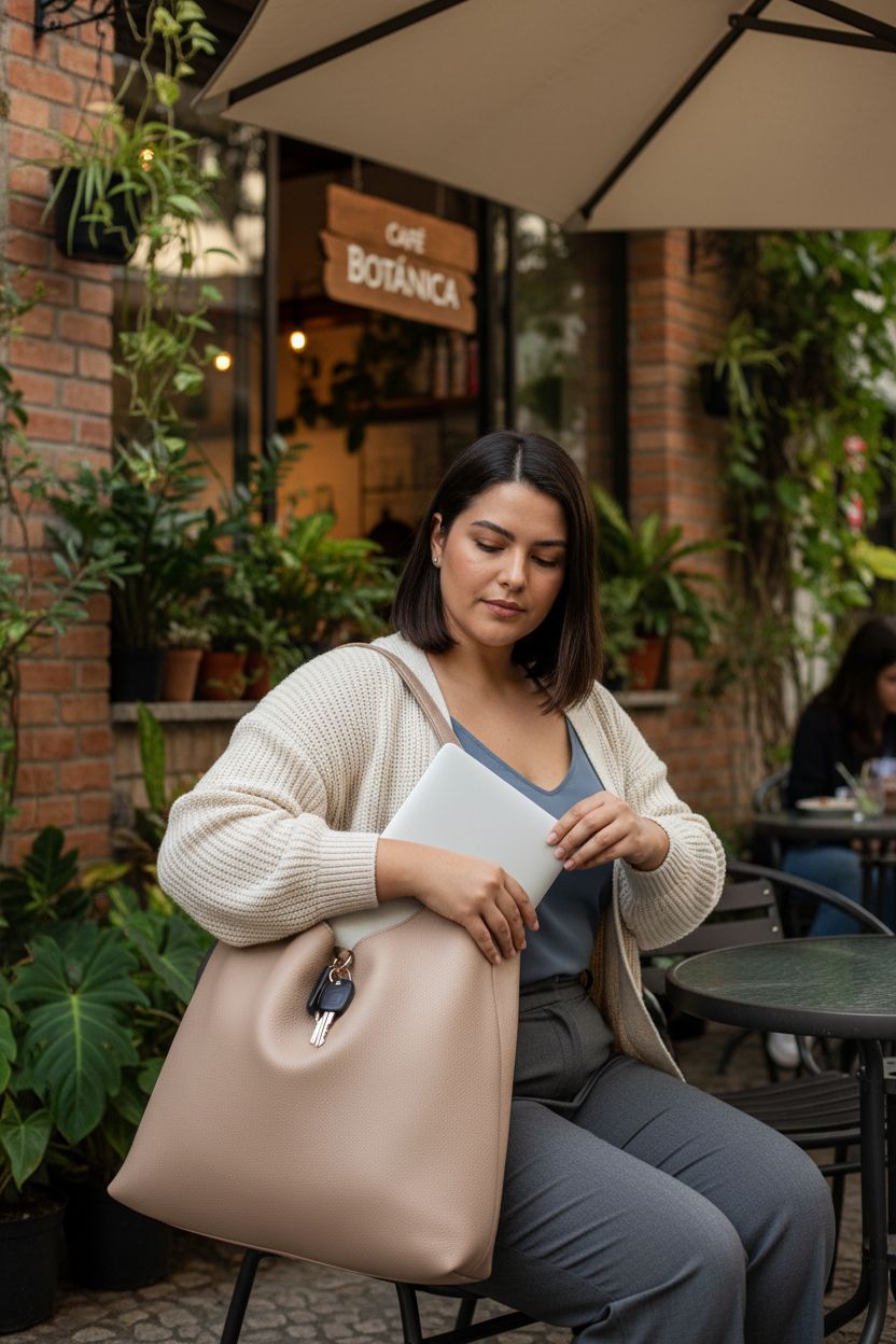 Nude HOXIS hobo bag open with laptop and keys at a chic café, highlighting functional vegan leather design.