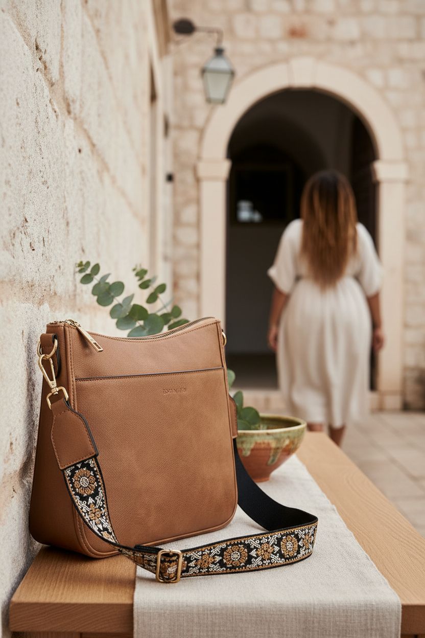 BOSTANTEN brown vegan leather handbag on a cozy entryway console table