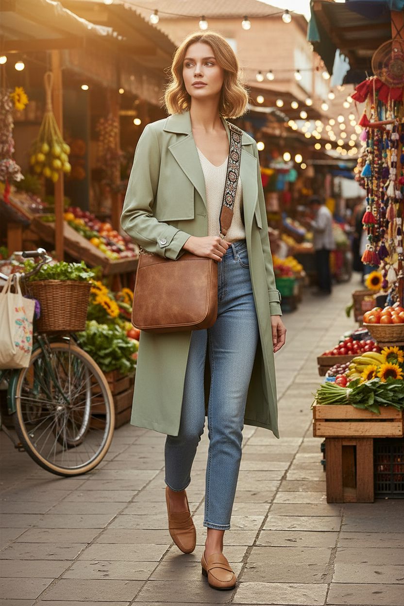 BOSTANTEN trendy brown vegan leather crossbody bag with wide strap at a farmers market