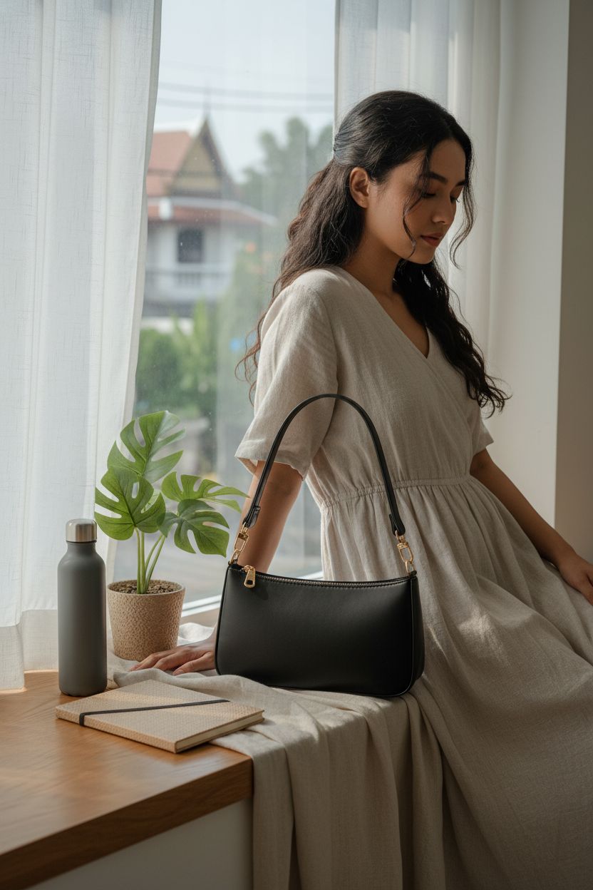 NIUEIMEE ZHOU vegan leather bag in a serene morning setting with mindful decor.