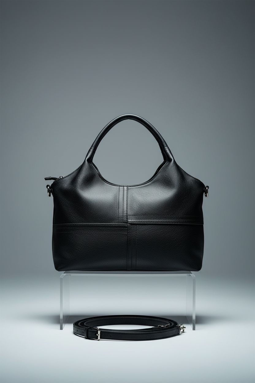 KOGTLA black vegan purse showcased against a cool backdrop, highlighting its design details.