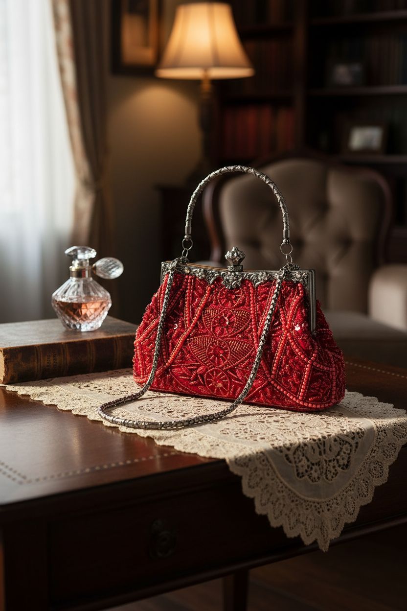 Lapulio red evening clutch on vintage desk with lace runner and antique items in warm light