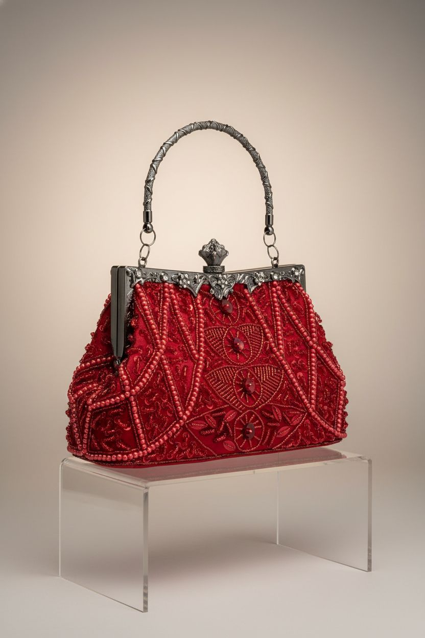 Lapulio elegant red clutch with sequins displayed on clear acrylic riser against soft backdrop