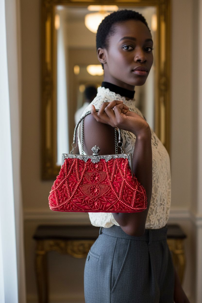 Lapulio red vintage floral clutch showcasing sequins and bead details in elegant setting