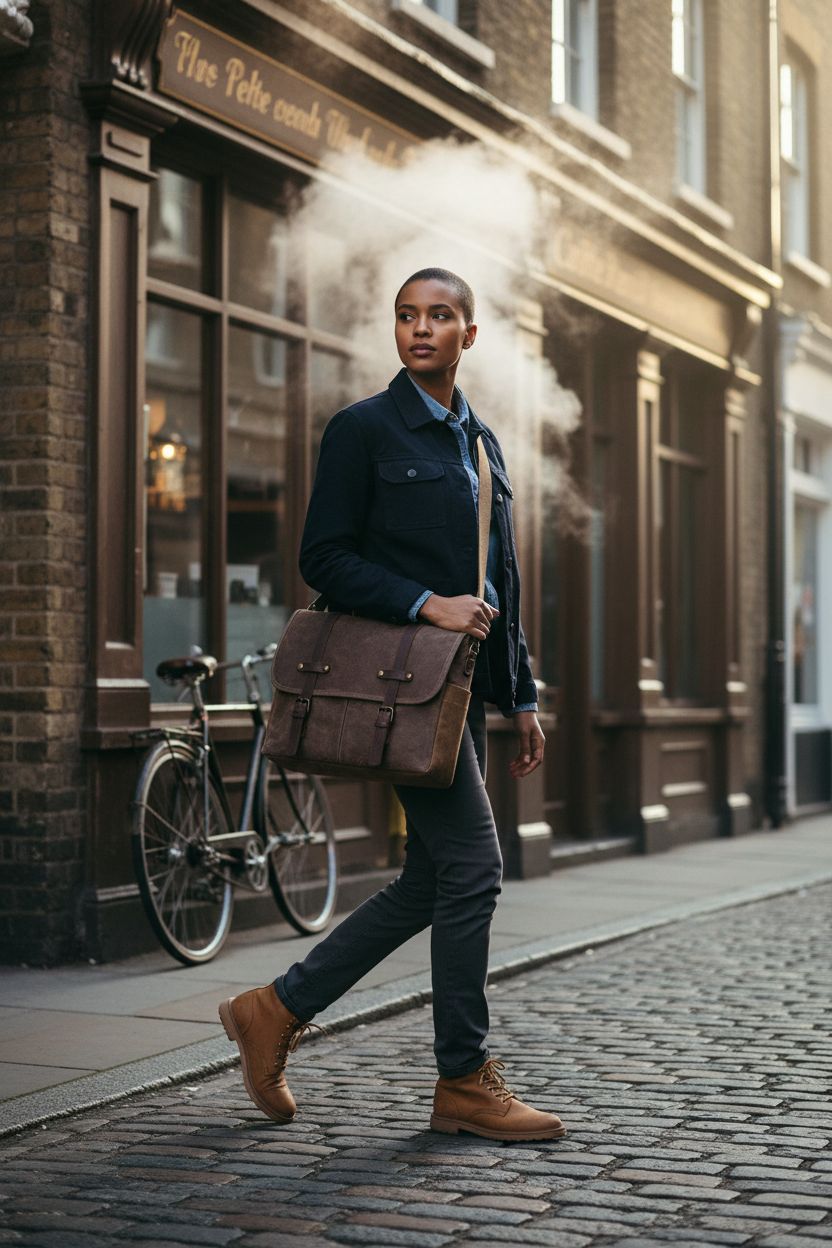 NEWHEY vintage waxed canvas messenger bag worn crossbody against cobblestones