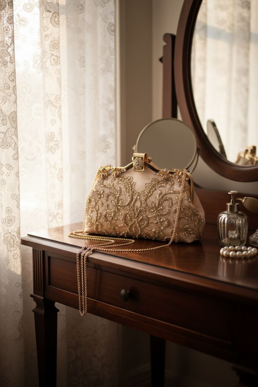 UBORSE champagne-toned beaded purse resting on vintage vanity, exuding romantic charm and elegance.