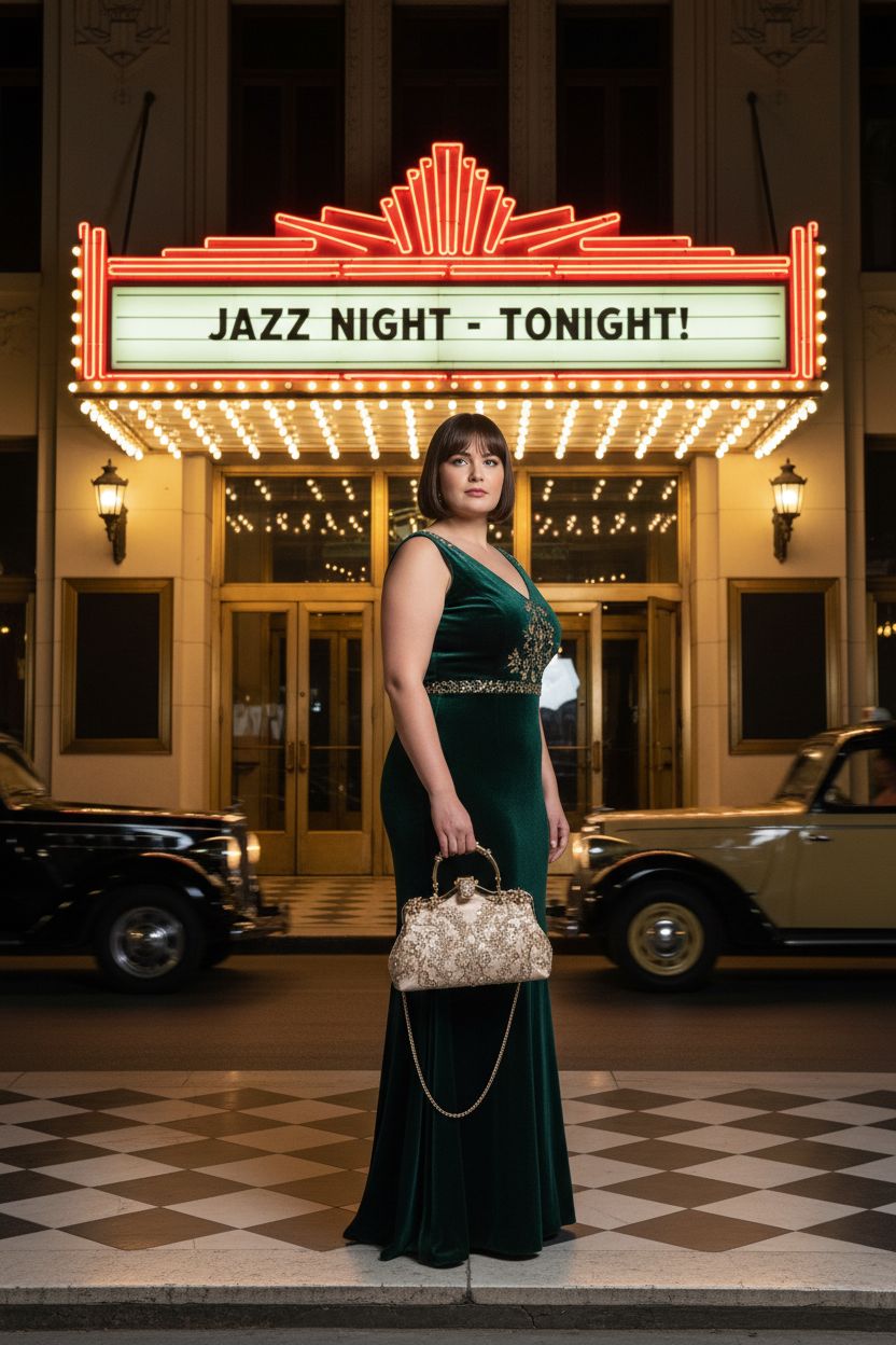 UBORSE champagne-gold beaded clutch purse against Art Deco theater backdrop, ideal for jazz night.