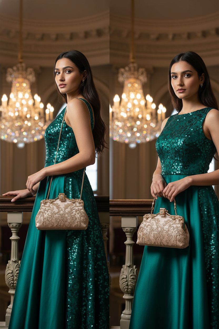 UBORSE beaded evening bag showcased in grand ballroom, perfect for formal events and gatherings.