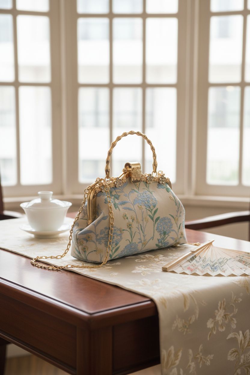 YeBon vintage clutch displayed on a rosewood table with porcelain and paper fan in a tearoom.