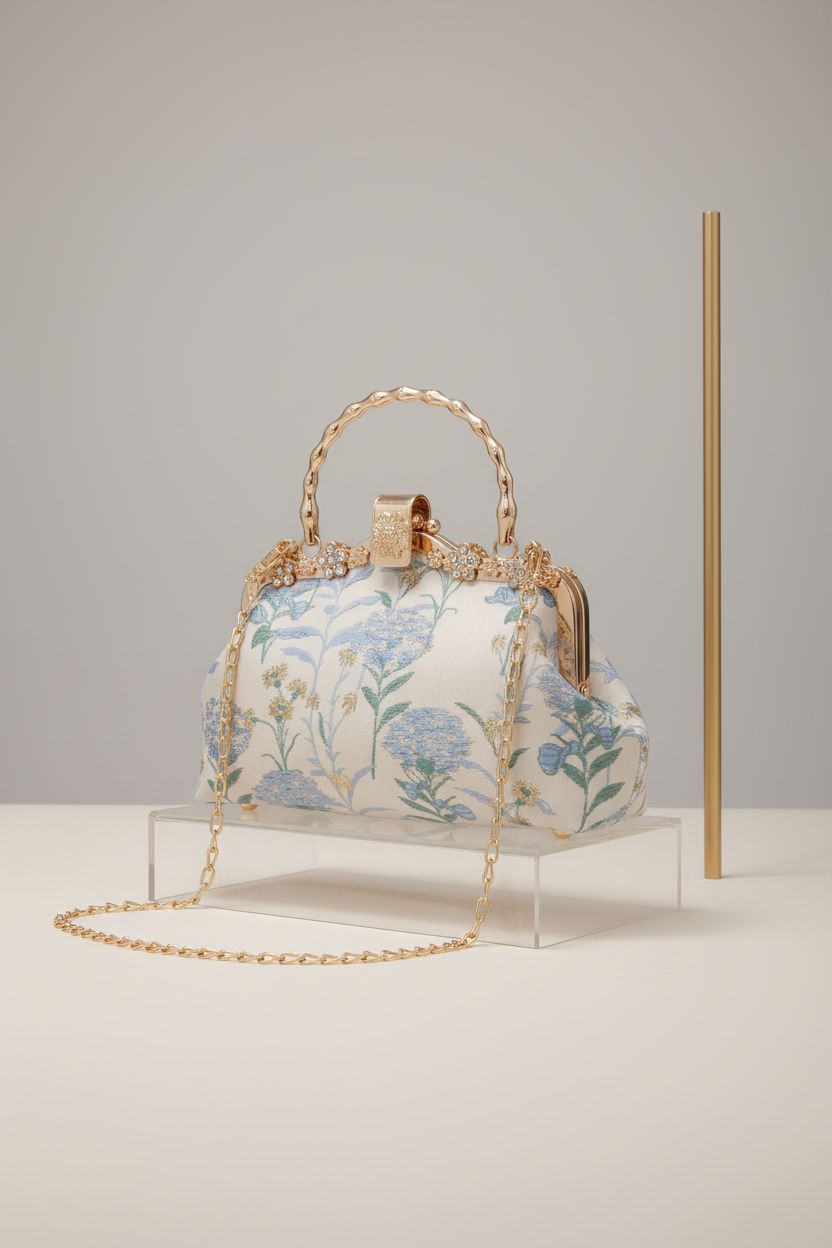 YeBon vintage clutch showcasing structured design and floral clasp on a warm-gray background.