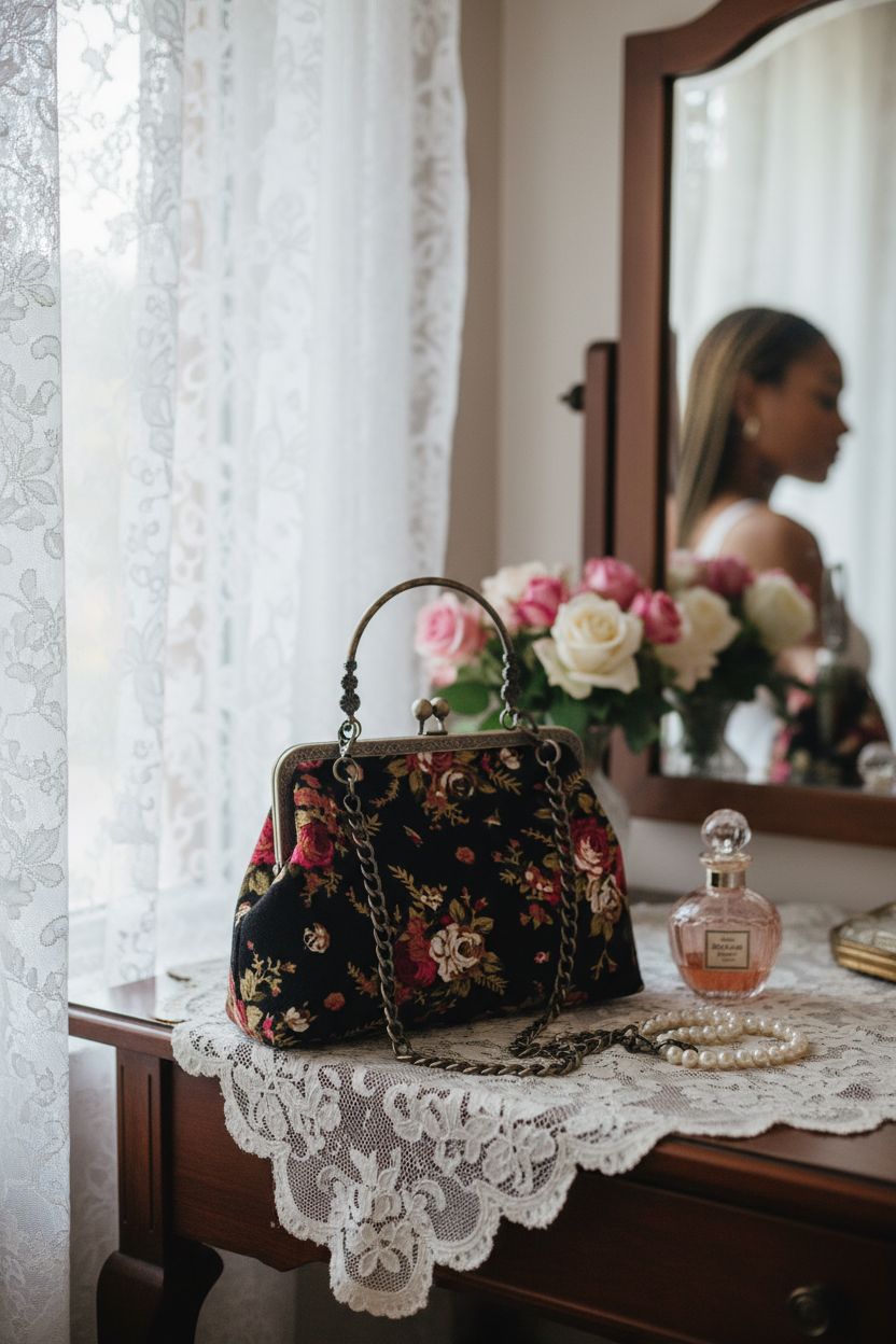 Abuyall vintage kiss-lock purse on a lace runner at a beautifully styled vanity with roses