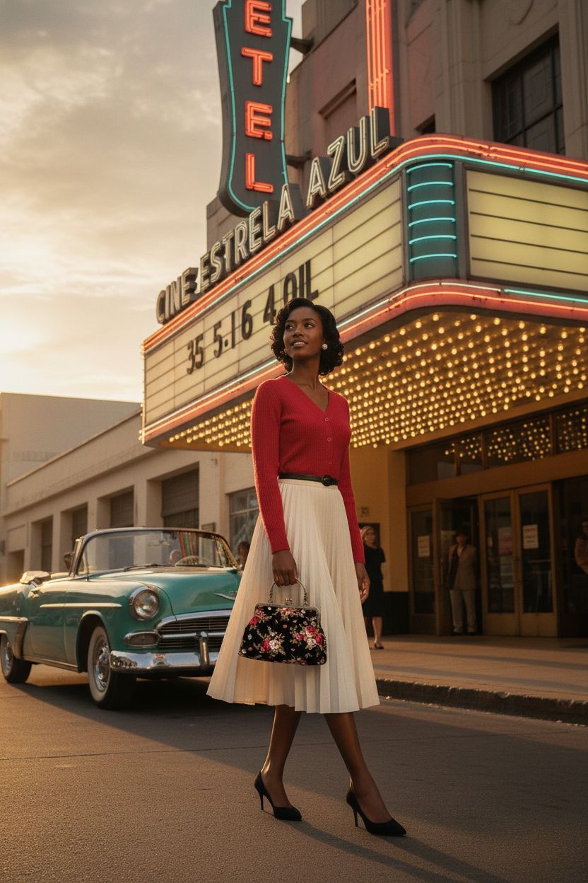Abuyall vintage kiss-lock purse with floral design, styled with a tea-length skirt and cardigan