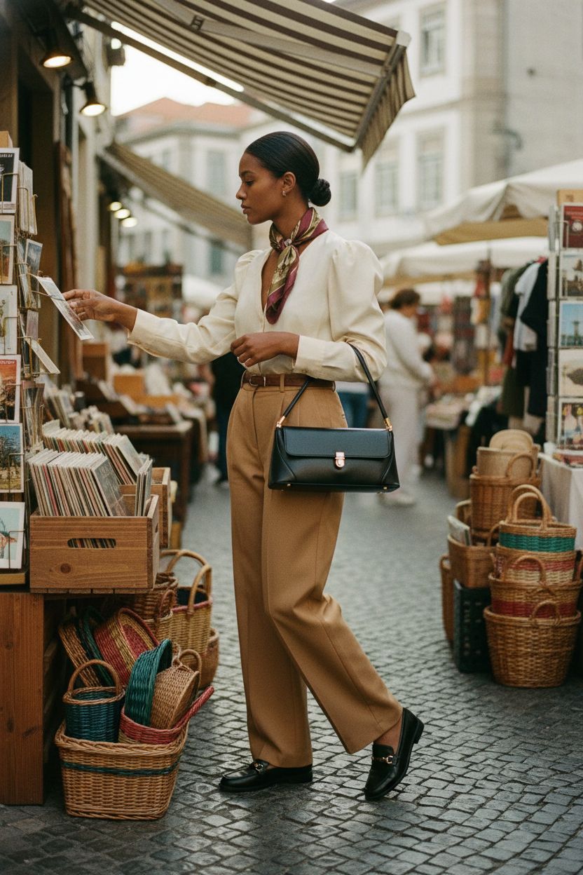 WSRYDJDL vintage hobo handbag in black, styled elegantly against a charming marketplace backdrop.