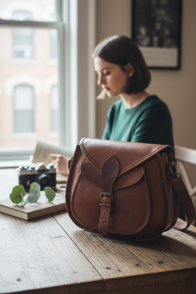 RUSTIC TOWN vintage leather satchel on a rustic oak table by a window.