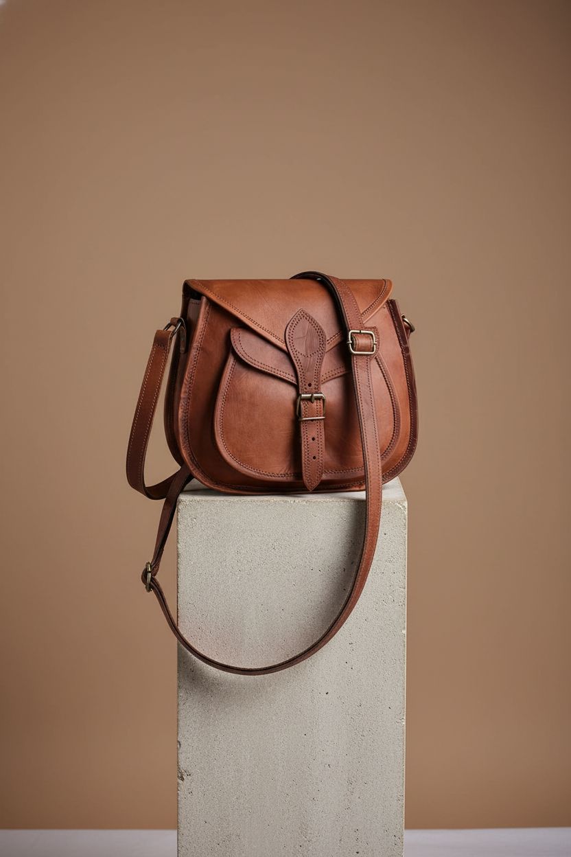 RUSTIC TOWN 11-inch vintage leather crossbody satchel on a display pedestal.