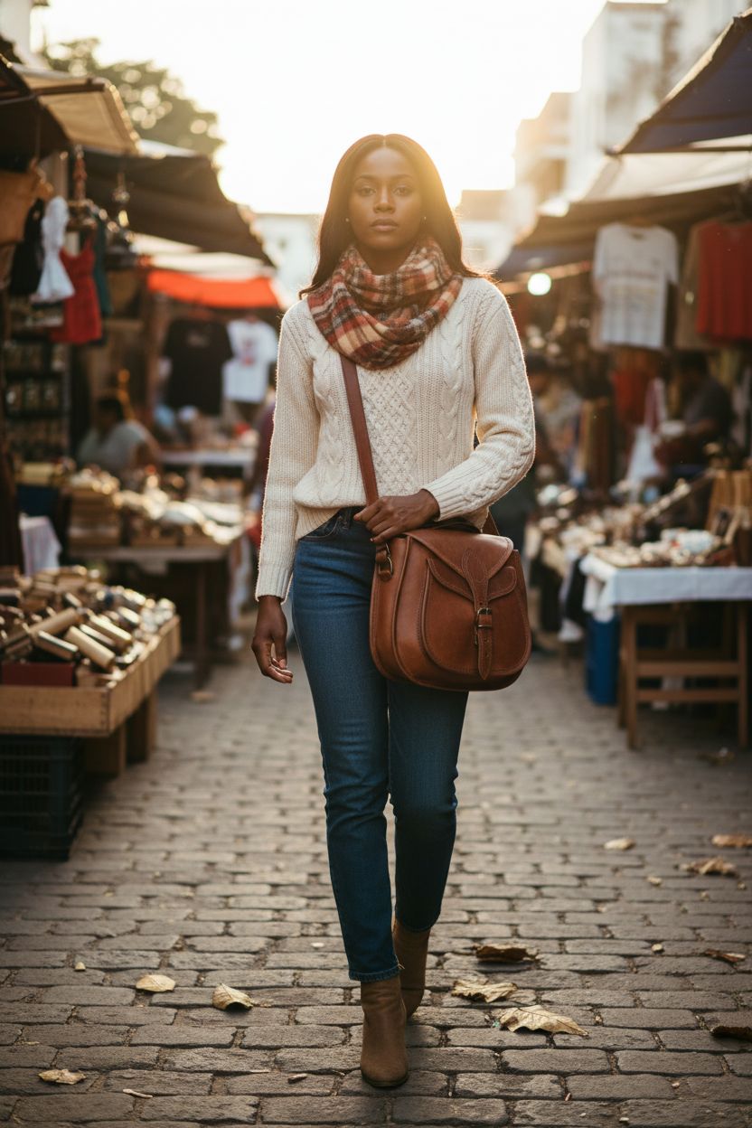 RUSTIC TOWN vintage leather crossbody satchel bag at a vibrant flea market.