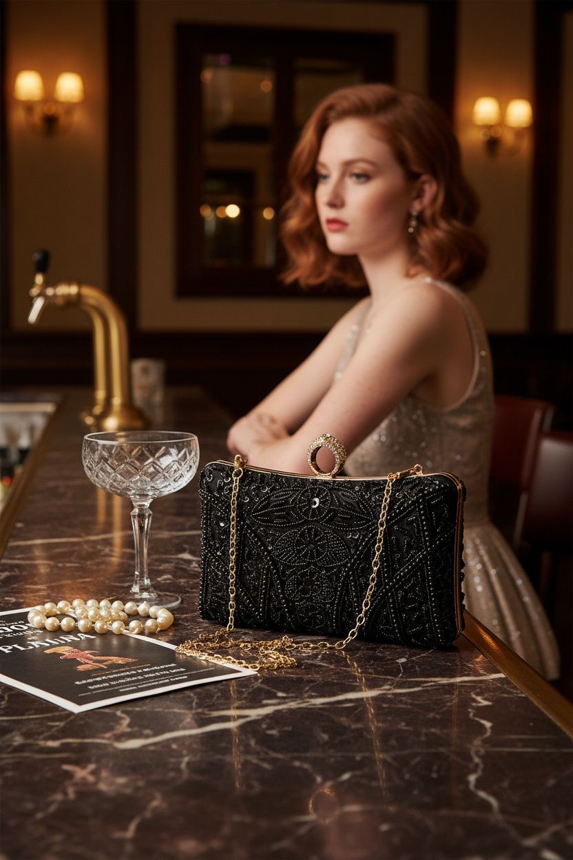 BABEYOND vintage clutch on marble bar, elegant setting with pearls and crystal coupe, perfect for theater nights.