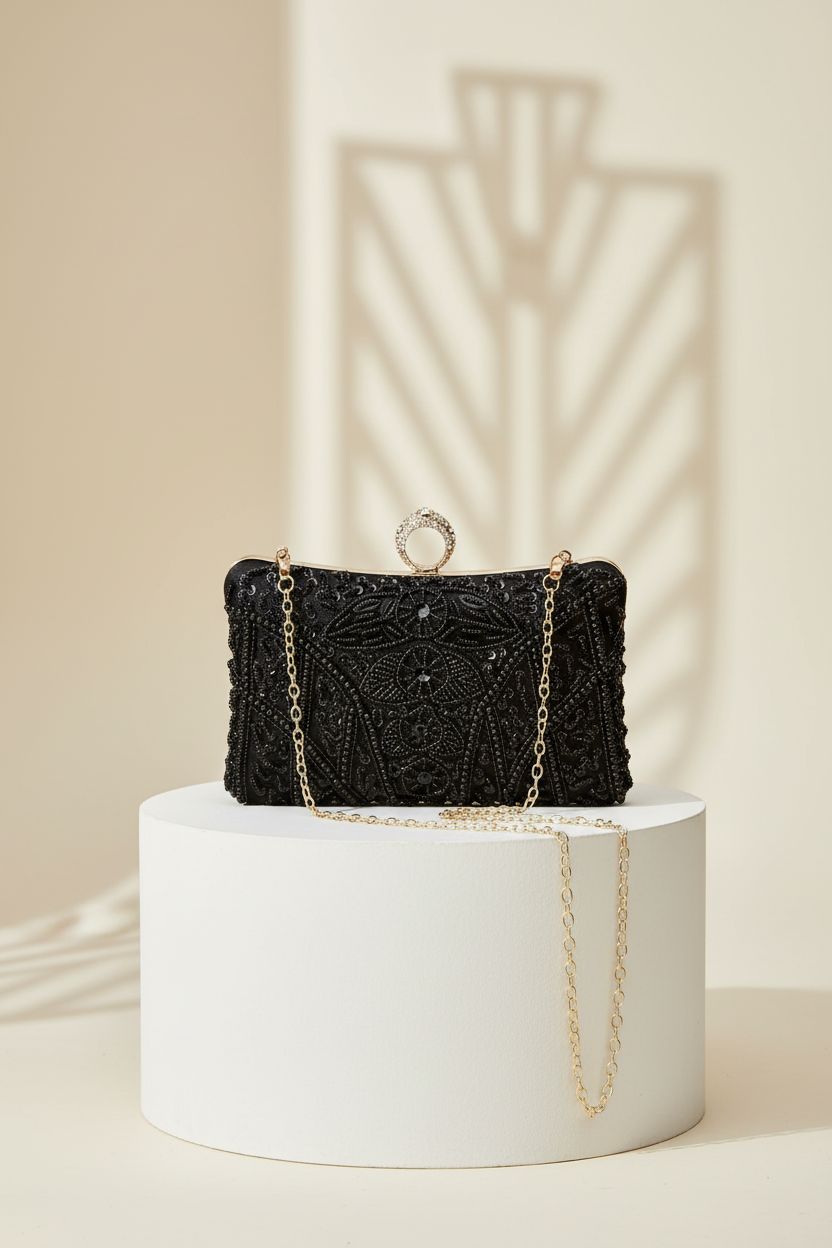 Stylish black beaded clutch purse by BABEYOND on a cream backdrop, showcasing exquisite Art Deco design.