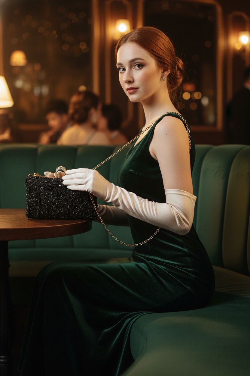 Black sequin evening clutch by BABEYOND, luxurious vintage accessory in a speakeasy ambiance.