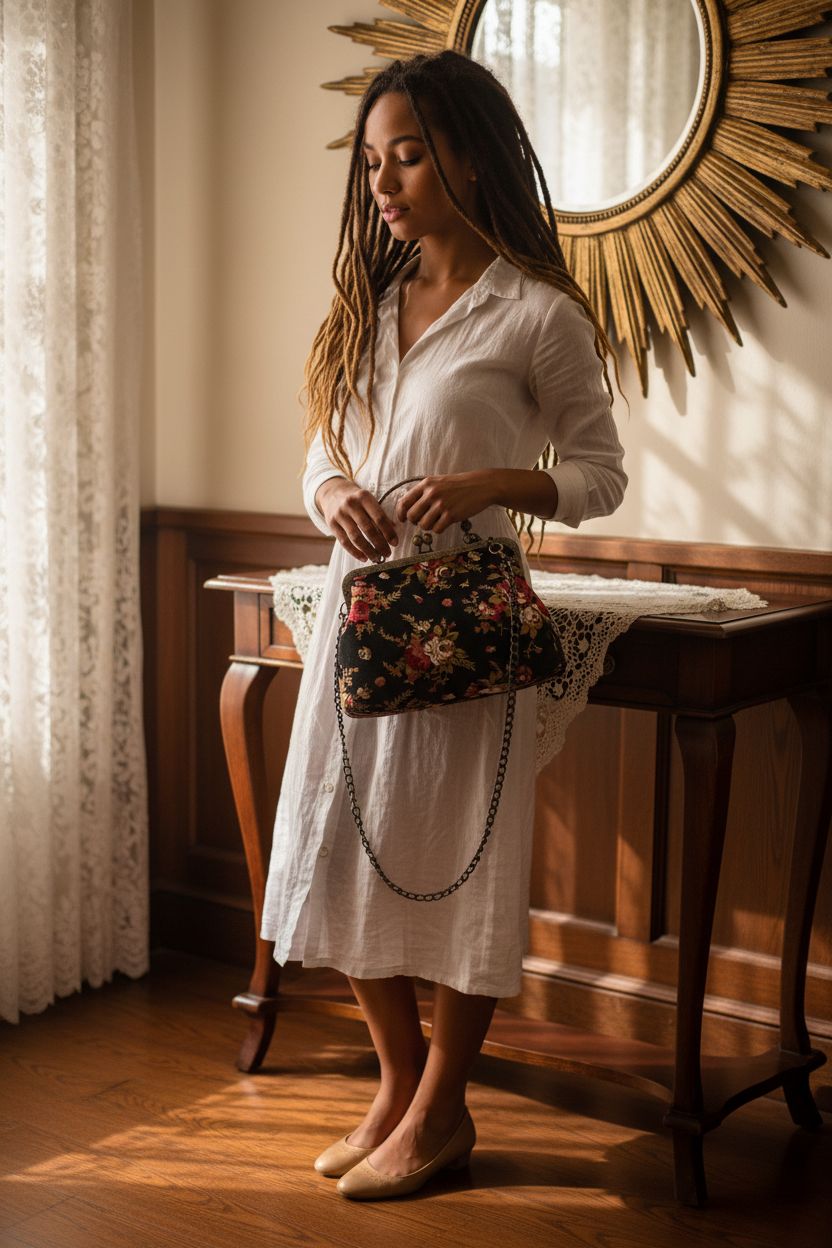 Abuyall vintage purse on a dark wood vanity with morning light ambiance.