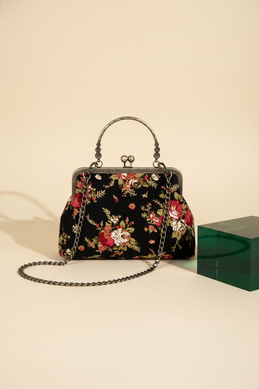 Abuyall vintage floral kiss lock purse showcased on a gray background.